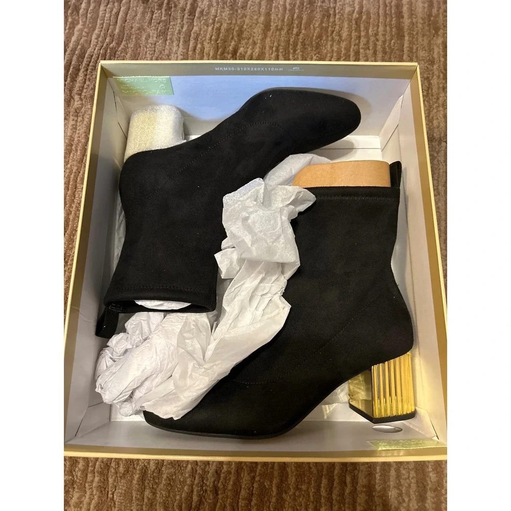 Michael Kors Porter Booties Stretch Suede Gold Heel Ankle‎ Boots US 6M $195 NIB